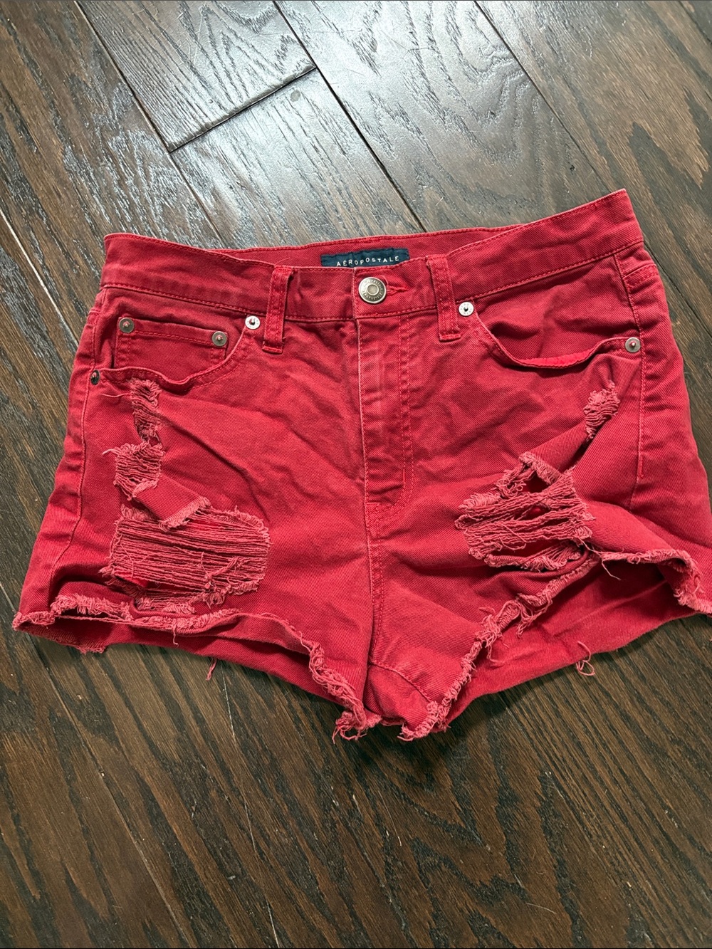 Aeropostale Red Distressed Denim Cutoff Shorts